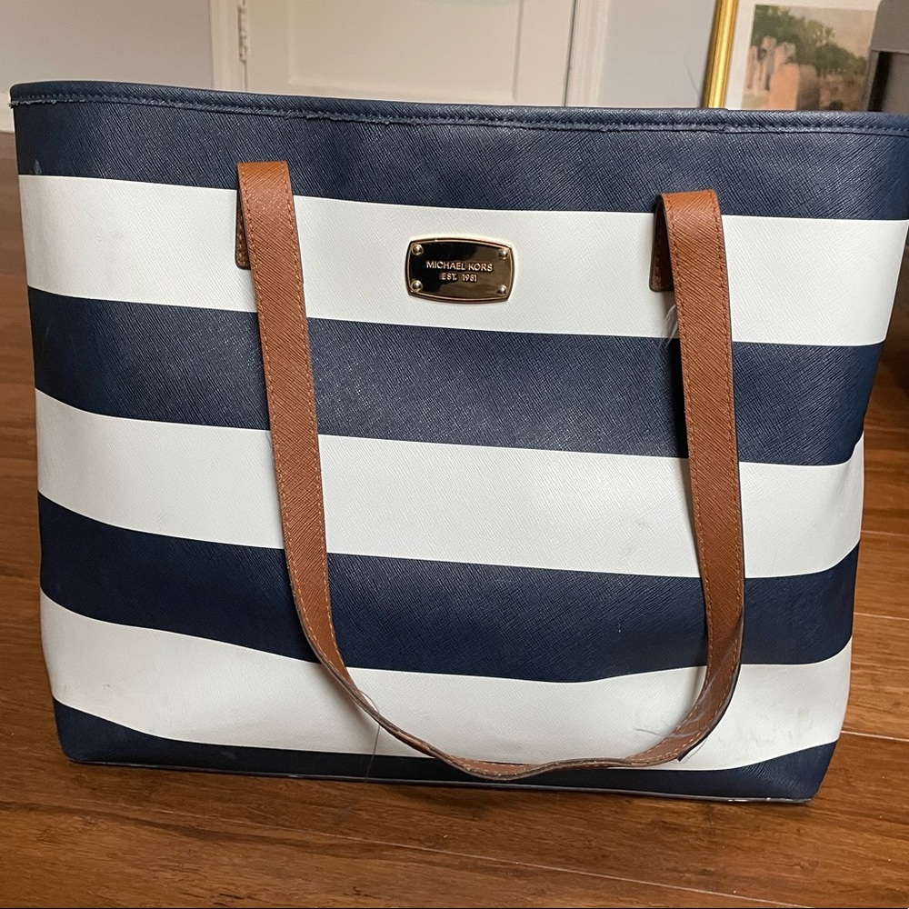 Michael Kors navy blue striped tote bag purse